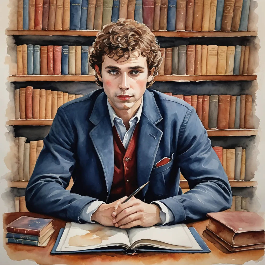 a painting of a man sitting at a desk with a book and pen in his hand and a bookcase behind him, academic art, a watercolor painting, Augustus Dunbier, realistic portrait