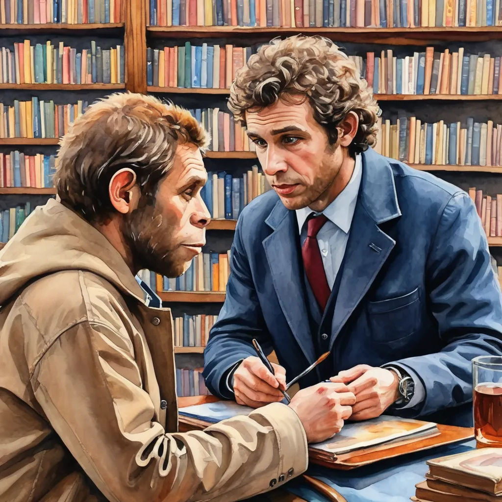 a painting of two men sitting at a table in front of a bookcase with books on it and a glass of wine, primitivism, a painting, F. Scott Hess, official art
