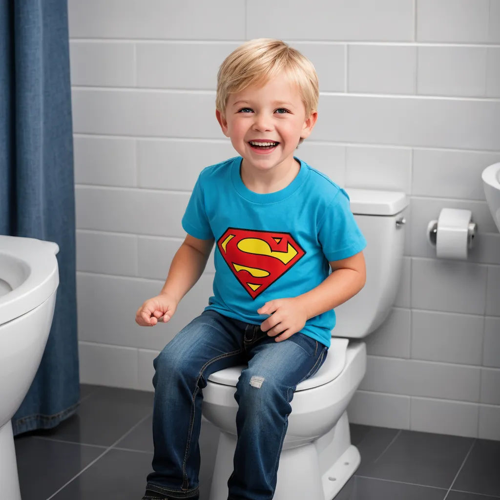 a young boy sitting on a toilet in a bathroom with a blue curtain and a blue curtain behind him, superflat, a stock photo, Allen Tupper True, product photo