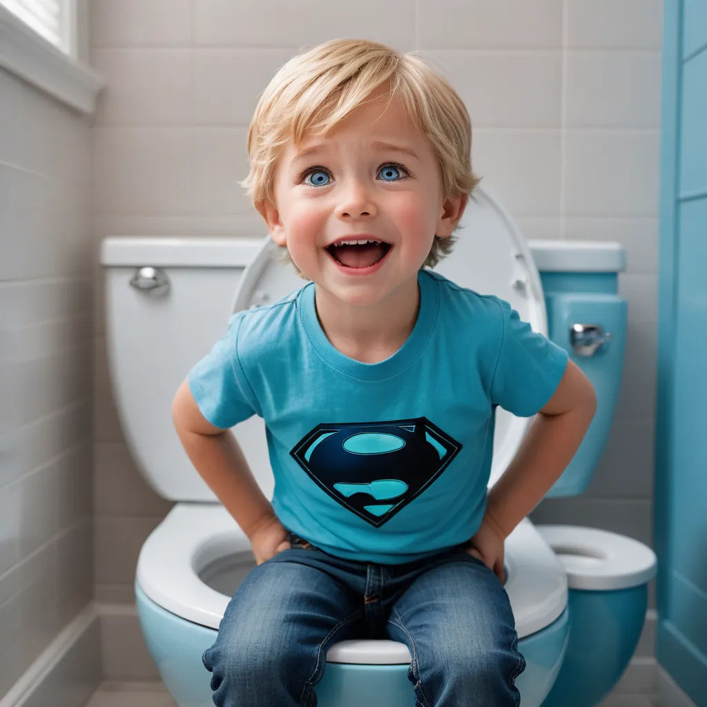 a little boy sitting on a toilet seat in a bathroom with a blue toilet seat cover and a blue toilet, art photography, a stock photo, Allen Tupper True, award - winning photography