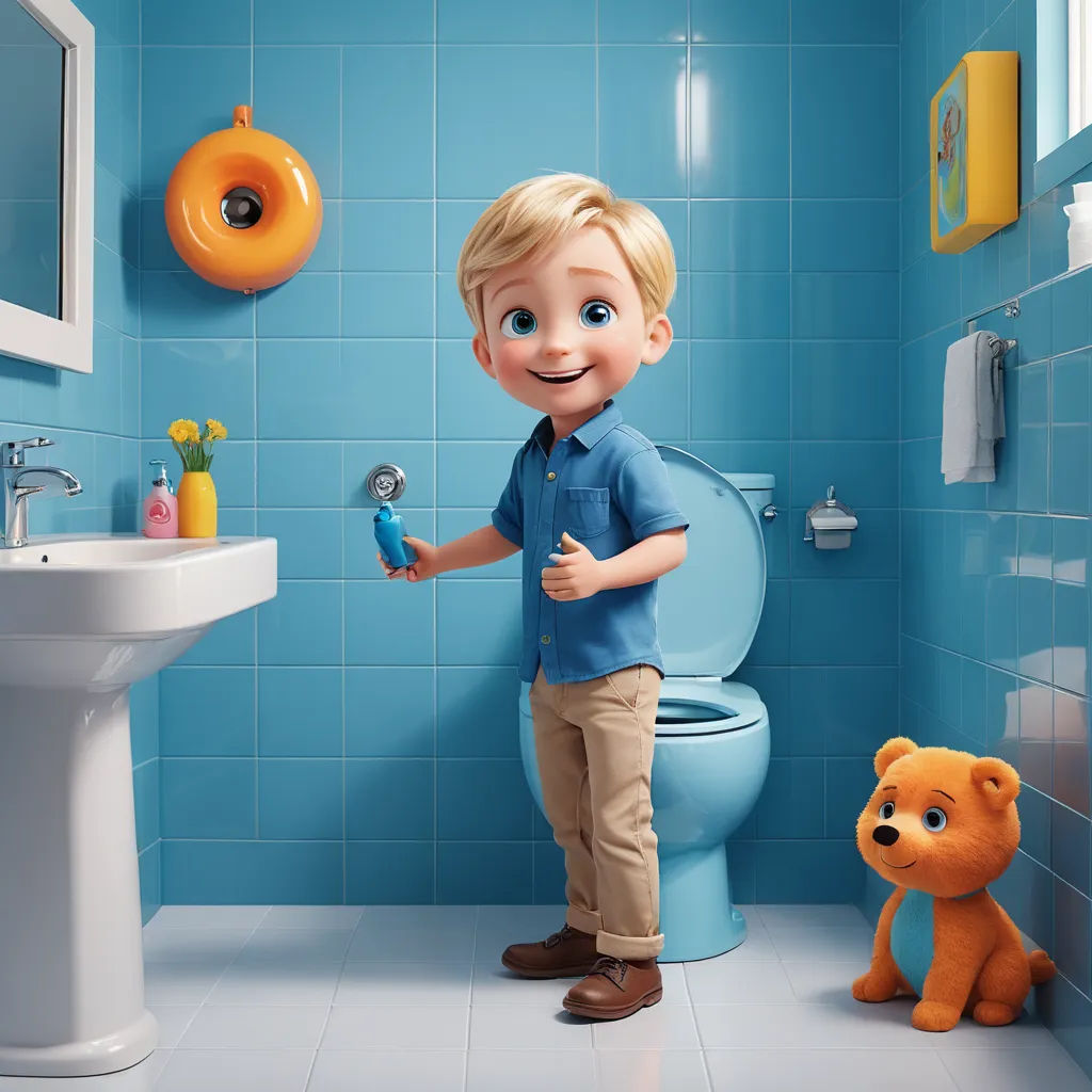 a cartoon boy is holding a toothbrush and a teddy bear in a bathroom with blue tiles and a blue toilet, photorealism, poster art, Chris LaBrooy, promotional image