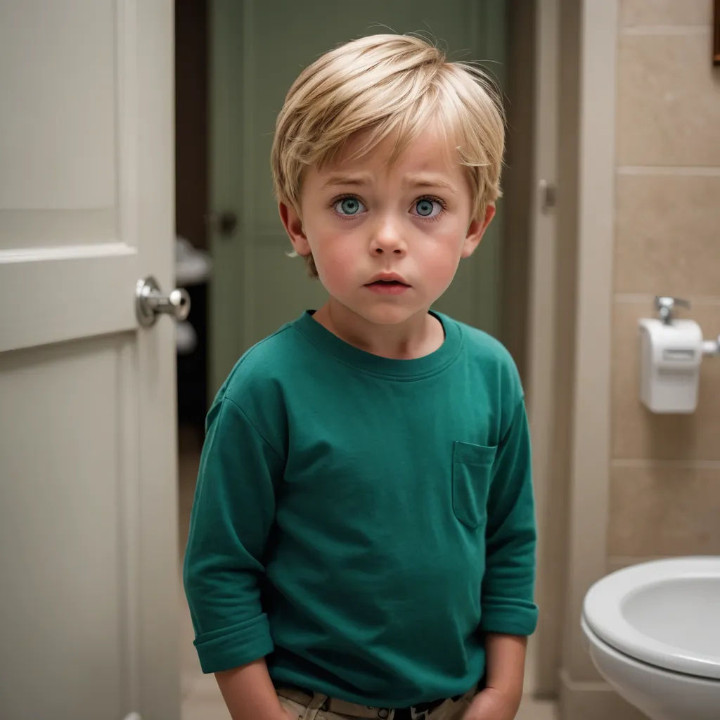 a young boy standing in front of a bathroom sink with a green shirt on and a white toilet in the background, photorealism, a stock photo, Conroy Maddox, portrait photography