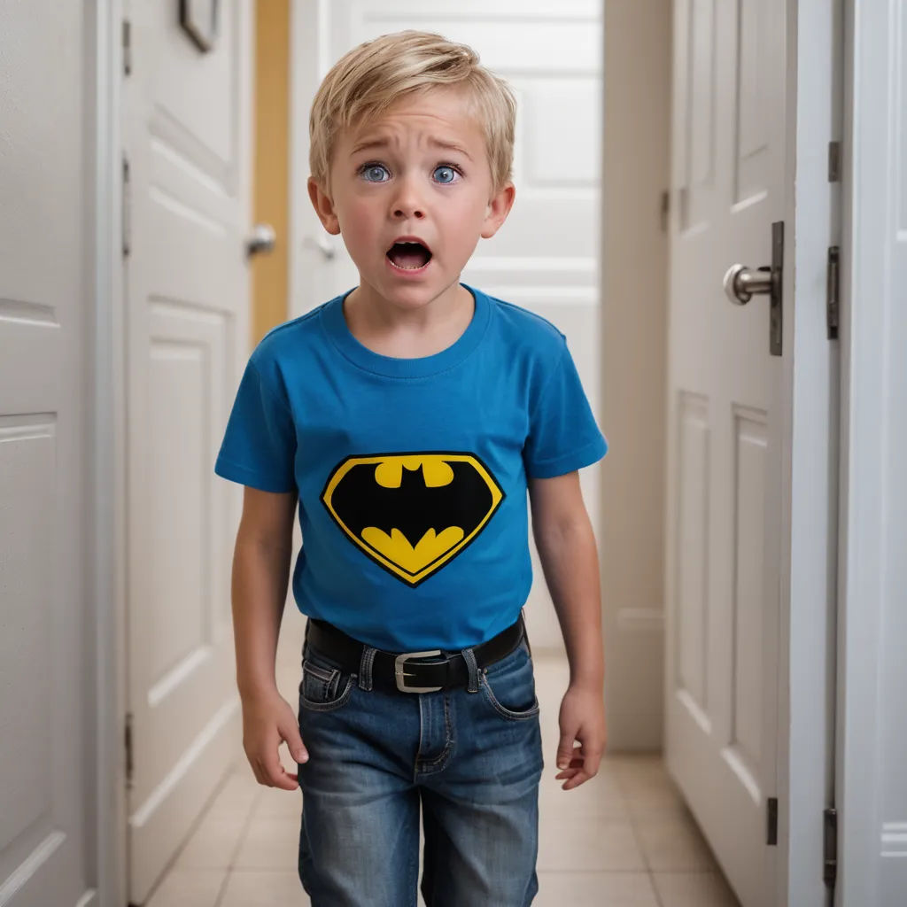 a young boy in a blue shirt with a batman symbol on it is standing in a hallway with two doors, shock art, a stock photo, Adam Rex, portrait photography