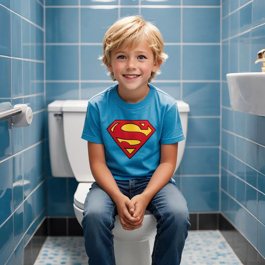a young boy sitting on a toilet in a bathroom with blue tiles on the walls and a blue floor, superflat, a stock photo, Allen Tupper True, product photo