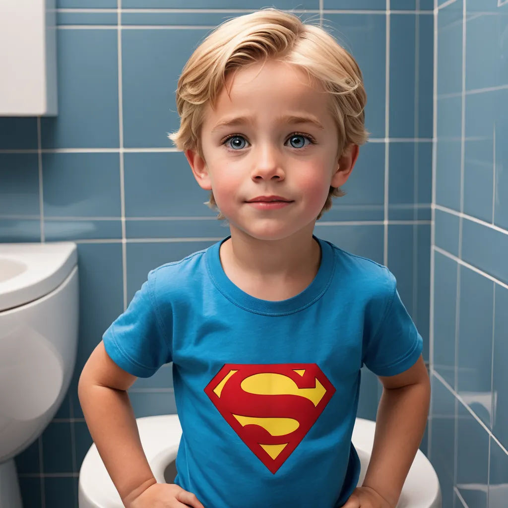 a little boy in a blue shirt is sitting on a toilet in a bathroom with a blue tile wall, hyperrealism, a photorealistic painting, Conroy Maddox, kai carpenter
