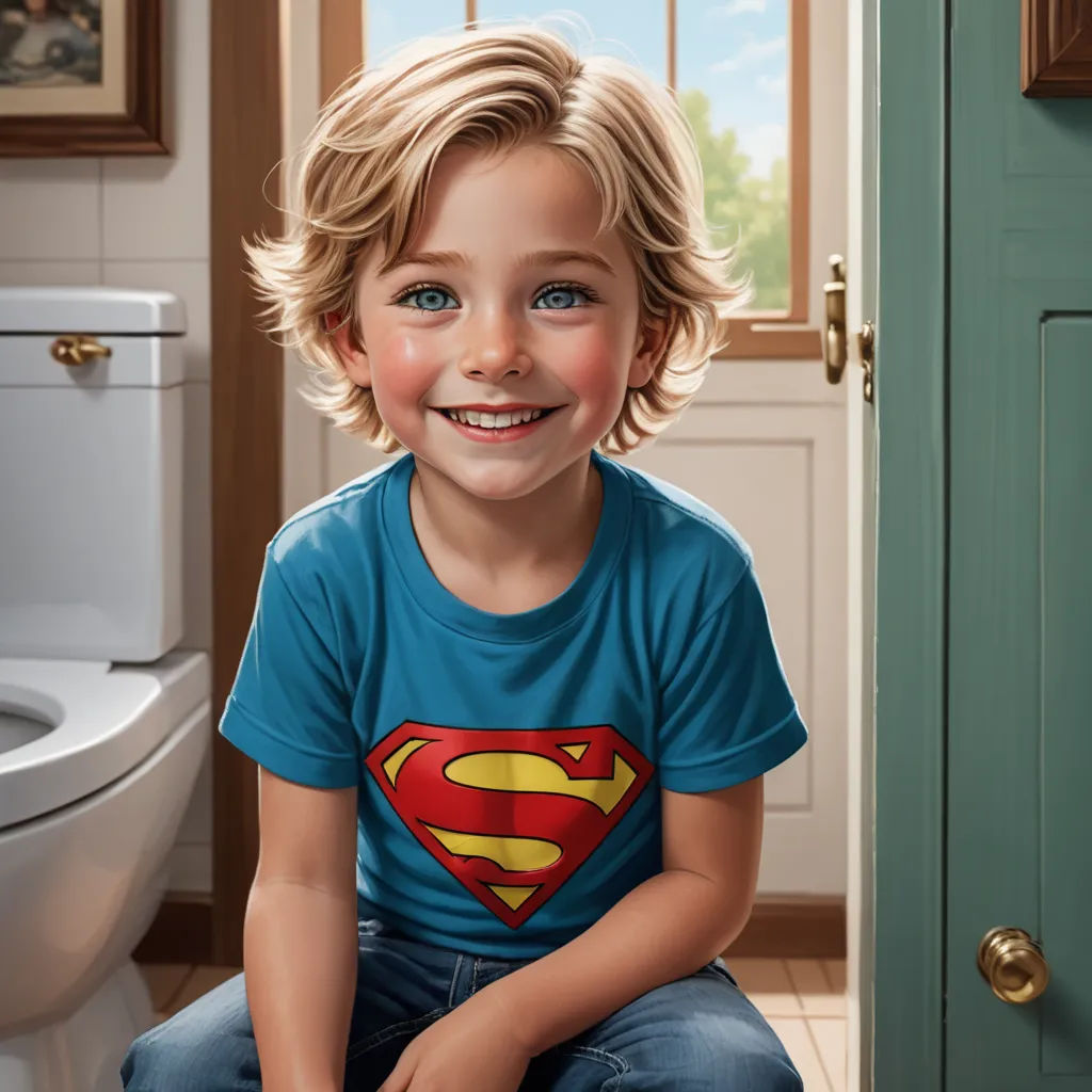 a painting of a little boy sitting on the floor in front of a toilet with a superman shirt on, photorealism, a photorealistic painting, Aaron Jasinski, highly detailed digital painting