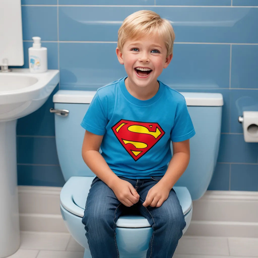 a young boy sitting on a toilet in a bathroom with blue walls and a blue tiled floor and a blue toilet, superflat, a stock photo, Andries Stock, product photo