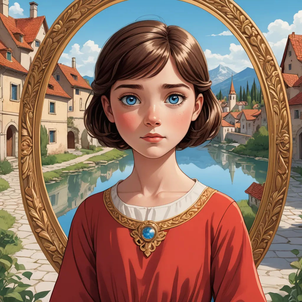 a girl in a red dress is standing in front of a picture frame with a castle in the background, fantasy art, a character portrait, Barron Storey, fantasy character portrait