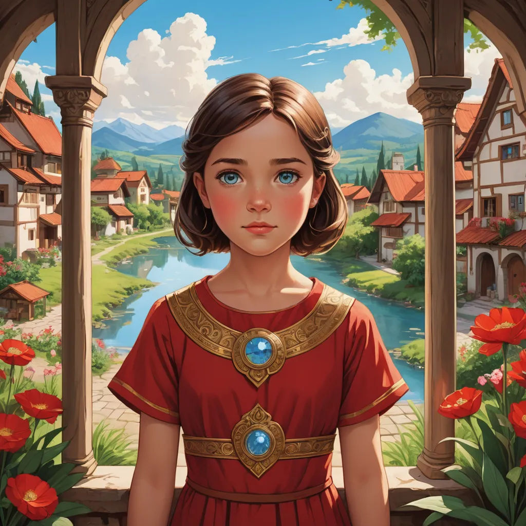 a painting of a girl in a red dress standing in front of a window with a view of a river, fantasy art, a storybook illustration, Barron Storey, kinkade