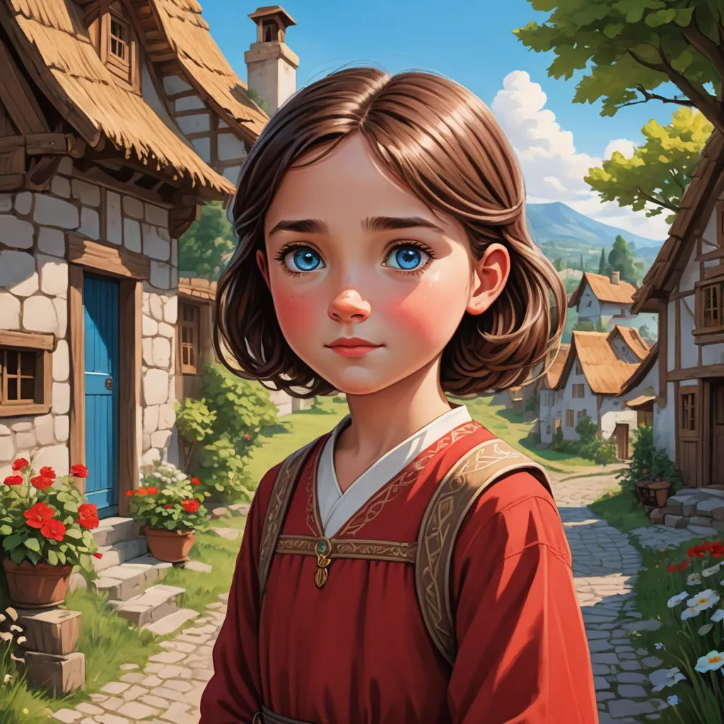 a painting of a girl in a red dress standing in front of a village with flowers and a house, fantasy art, a storybook illustration, Brothers Hildebrandt, kinkade