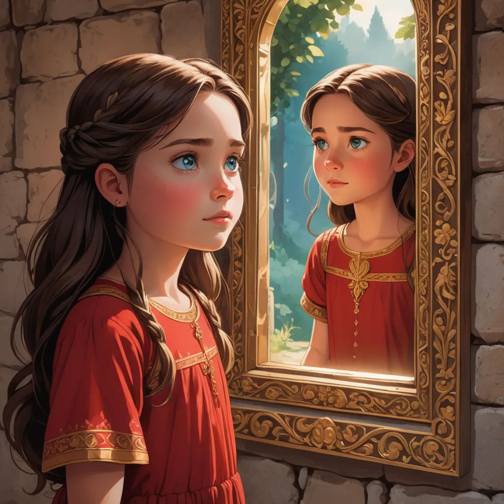 a girl looking at herself in a mirror with a reflection of herself in it and a brick wall behind her, fantasy art, a storybook illustration, Clarice Beckett, trending on art station