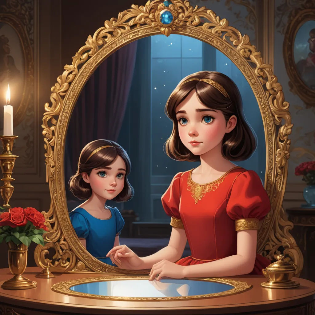 a painting of a girl looking at herself in a mirror with a candle in front of her and a candle in the background, sots art, a storybook illustration, disney, trending on art station