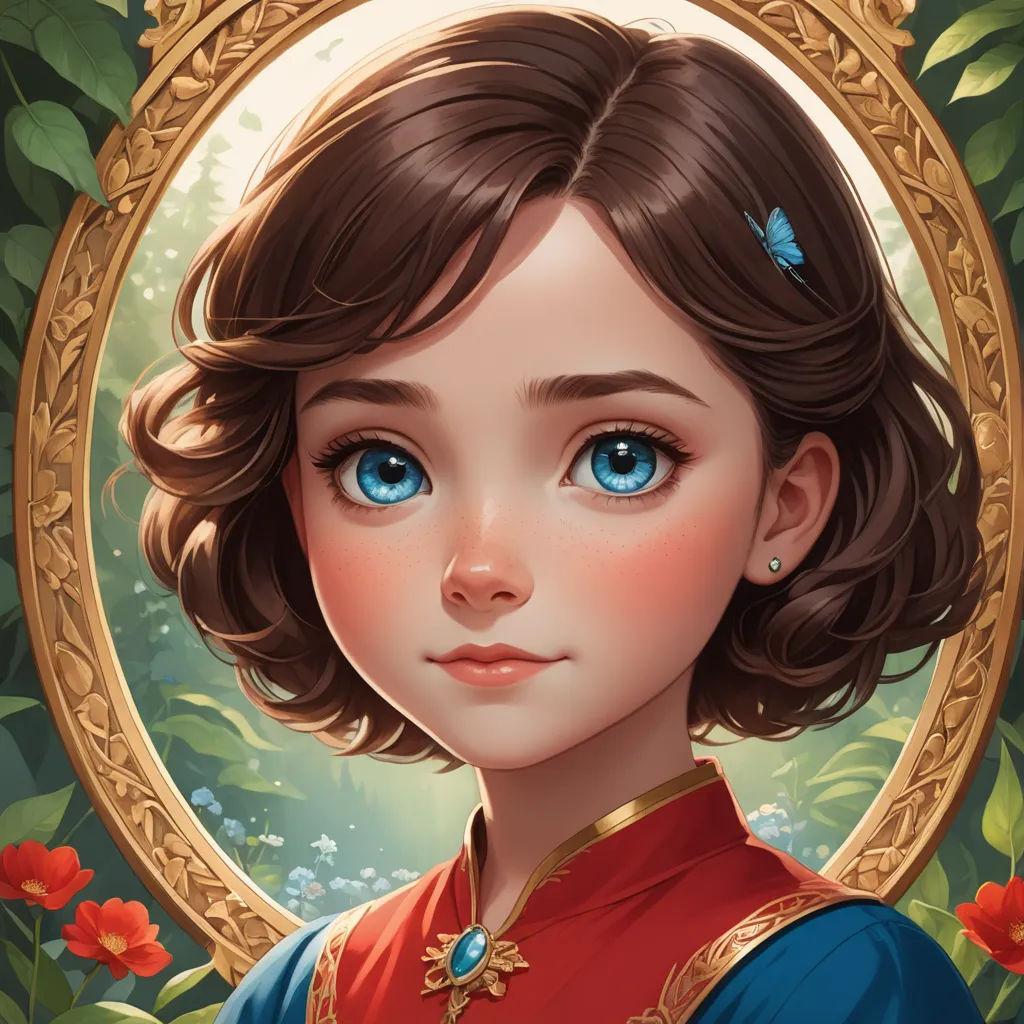 a painting of a young girl with blue eyes and a red dress with a gold frame around her neck, cloisonnism, a detailed painting, Alice Prin, trending on art station