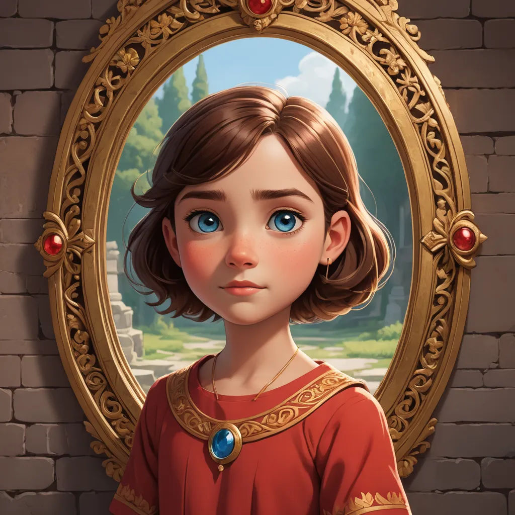 a painting of a girl in a red dress looking into a mirror with a castle in the background and a brick wall, cloisonnism, a character portrait, Cliff Childs, fantasy character portrait