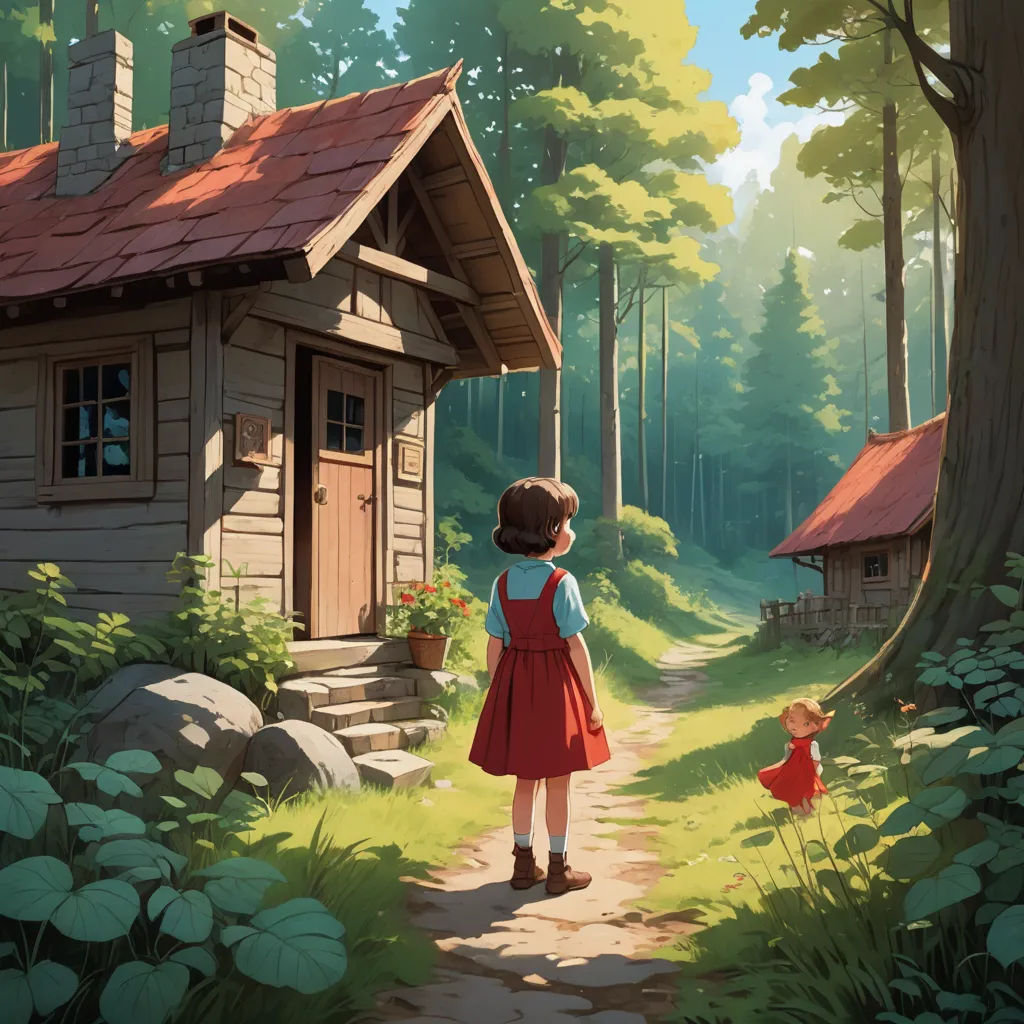 a little girl standing in front of a small cabin in the woods with a little red doll in front of it, context art, a storybook illustration, Atey Ghailan, ghibli