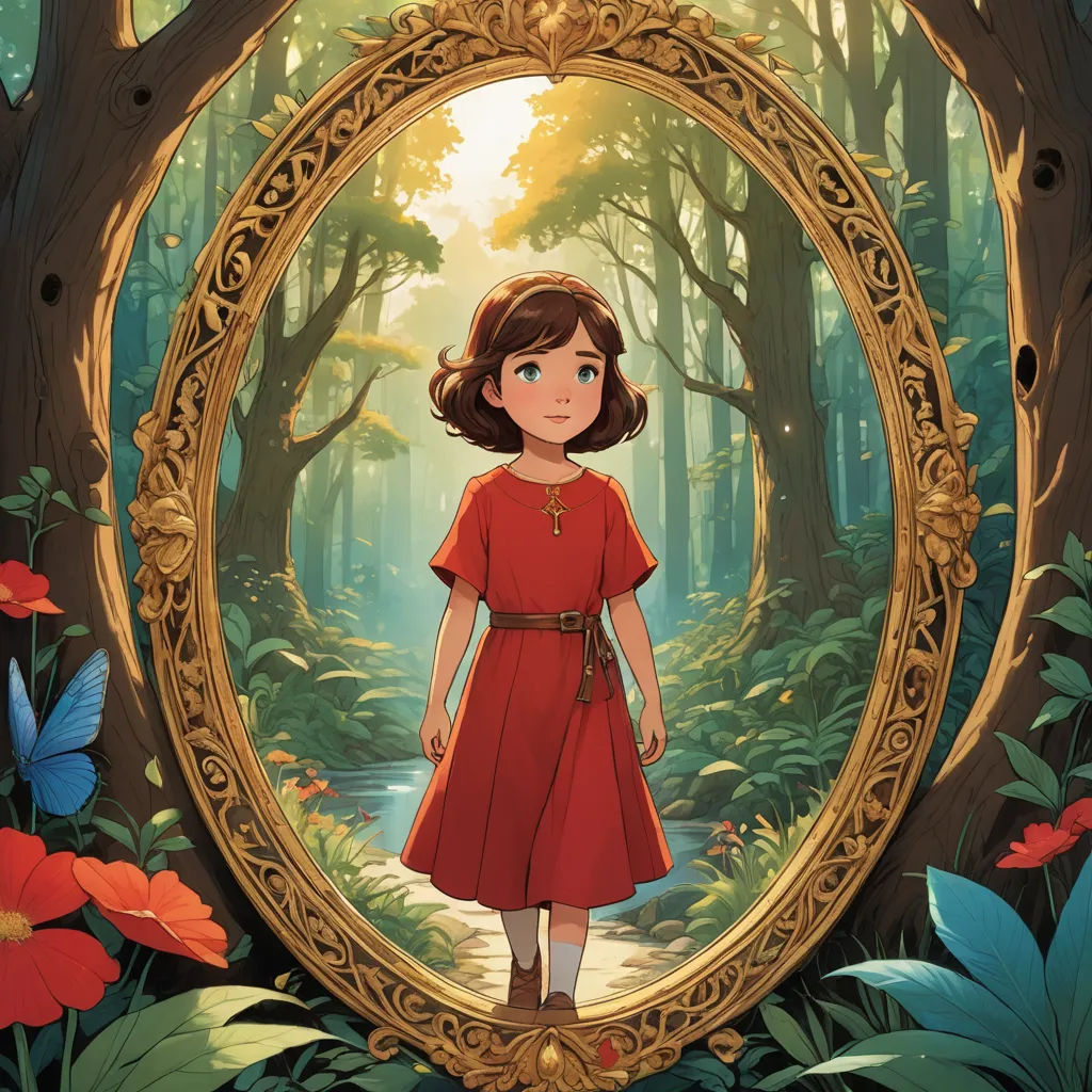 a girl in a red dress standing in front of a mirror in a forest with flowers and butterflies around her, cloisonnism, a storybook illustration, Alice Prin, official art