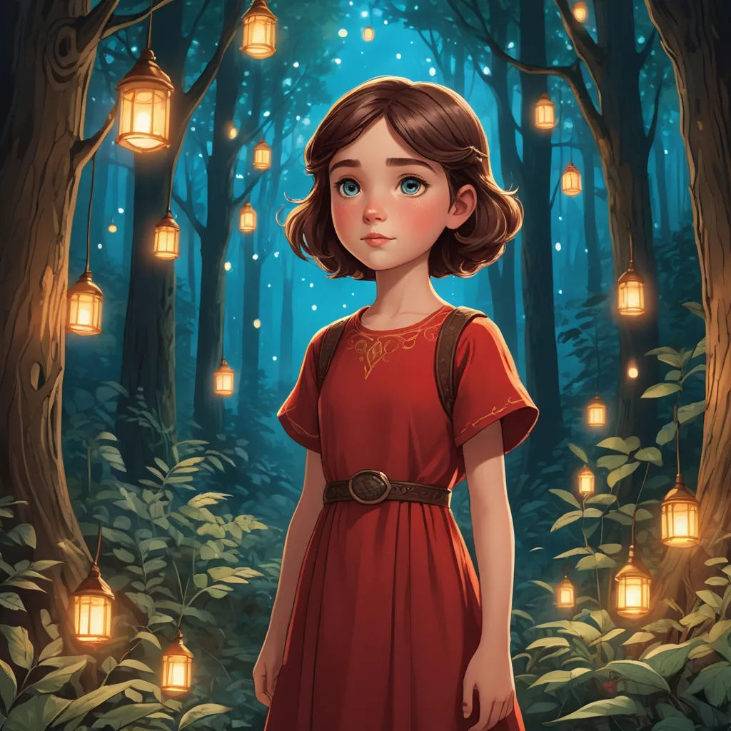 a girl in a red dress standing in a forest with lanterns hanging from the trees and a forest floor, fantasy art, a storybook illustration, Clarice Beckett, fireflies