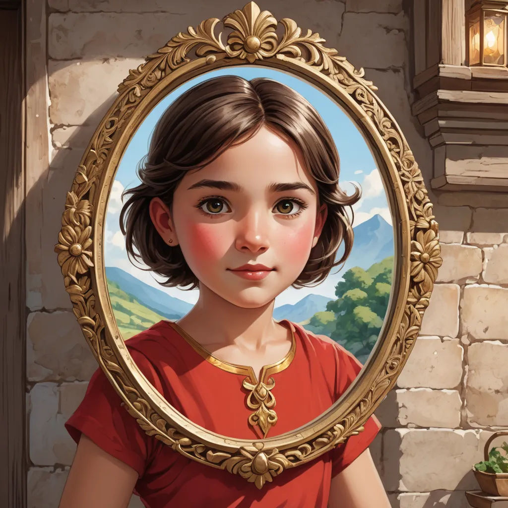 a painting of a girl in a mirror with a mountain in the background and a potted plant in the foreground, fantasy art, a storybook illustration, Aaron Jasinski, storybook illustration