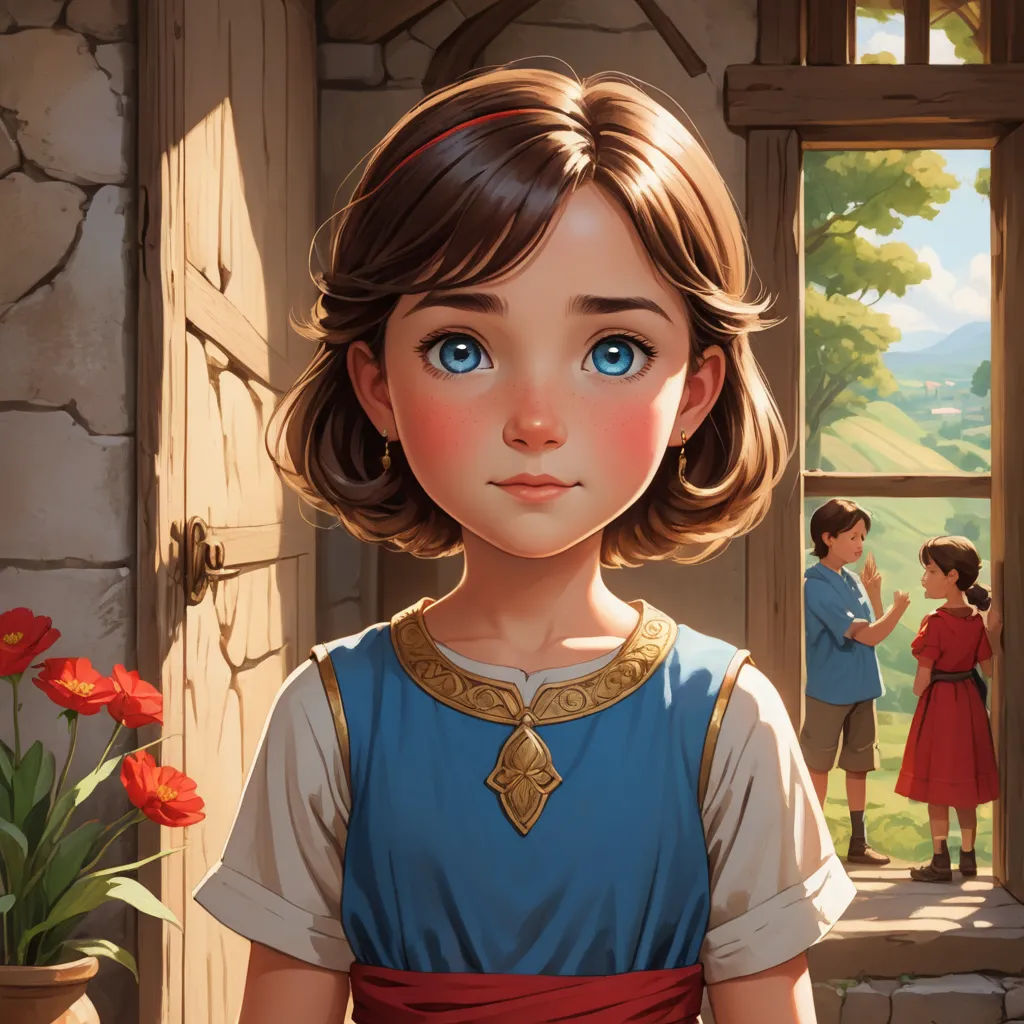 a painting of a girl in a blue dress looking out a window at a boy in a red dress, fantasy art, a storybook illustration, Alice Prin, rossdraws global illumination