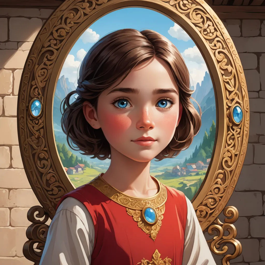 a painting of a girl in a red dress looking into a mirror with a mountain in the background and a blue sky, fantasy art, an ultrafine detailed painting, Clarice Beckett, fantasy character portrait