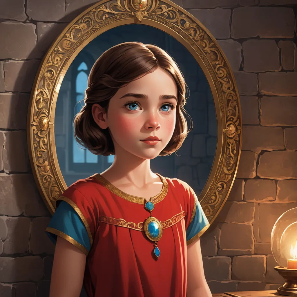 a painting of a girl in a red dress standing in front of a mirror with a candle in front of her, sots art, a detailed painting, Ada Gladys Killins, fantasy illustration