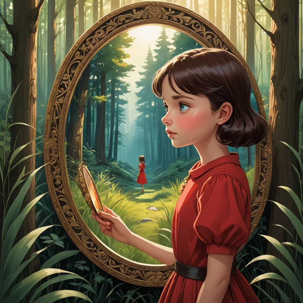 a girl in a red dress holding a mirror in a forest with a forest scene in the background and a forest scene in the foreground, magical realism, a storybook illustration, Aaron Jasinski, storybook illustration