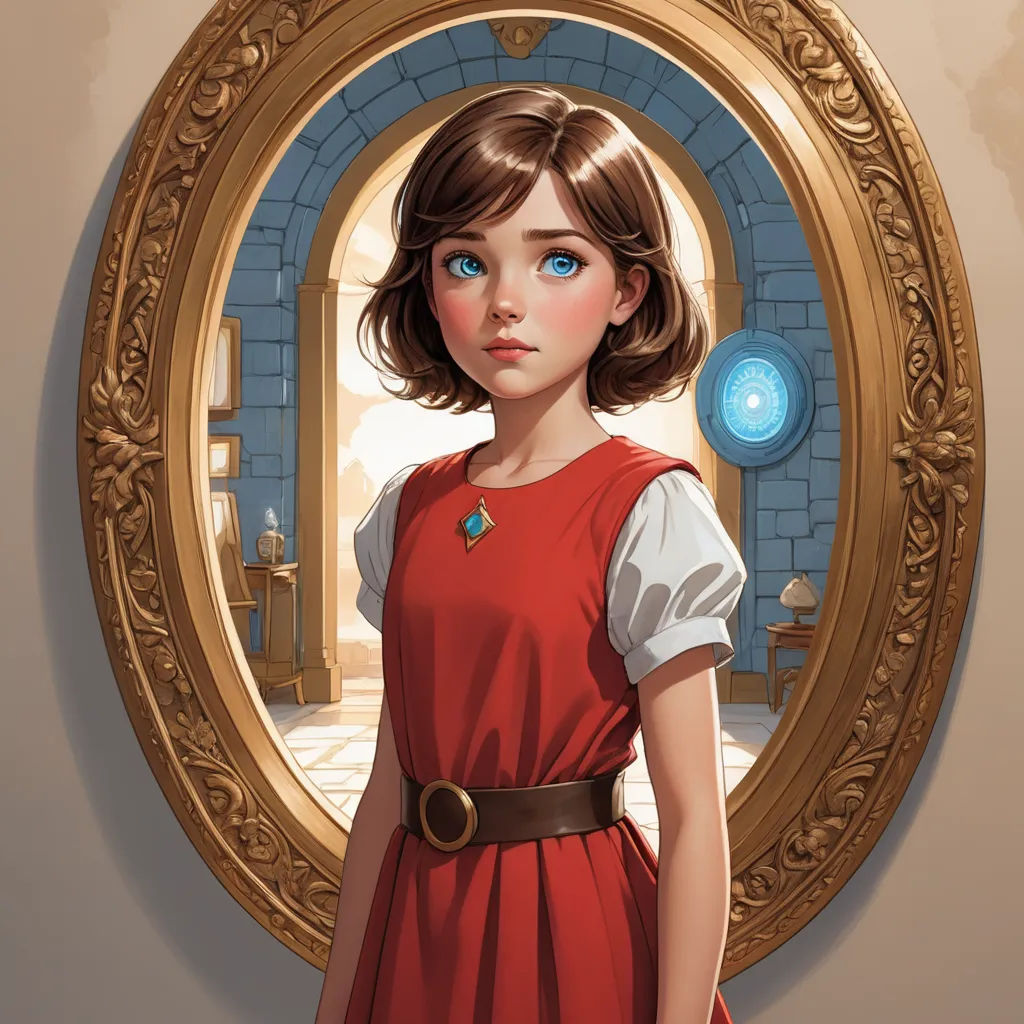 a girl in a red dress is looking into a mirror with a blue eye and a gold frame around her, fantasy art, a storybook illustration, Alice Prin, rossdraws global illumination