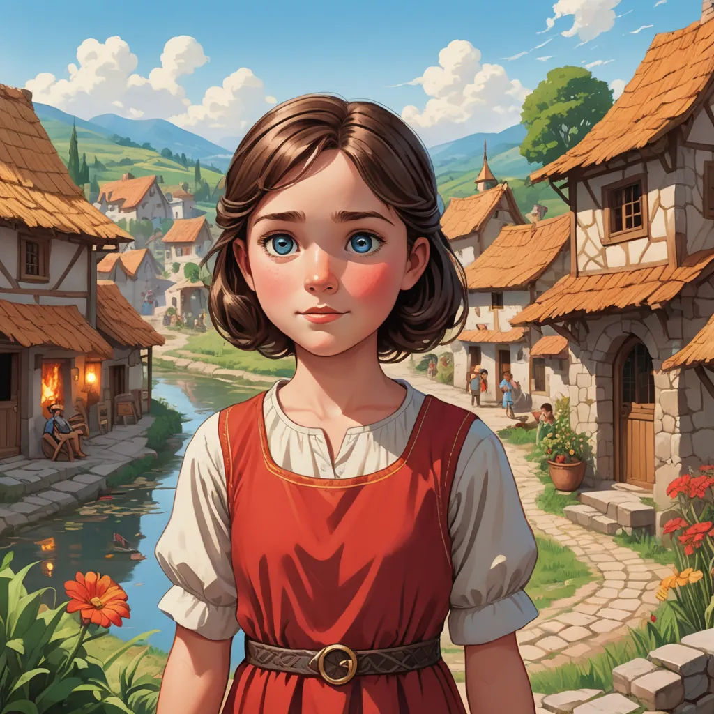a girl in a red dress standing in front of a village with flowers and a river in the background, fantasy art, a storybook illustration, Brothers Hildebrandt, kinkade