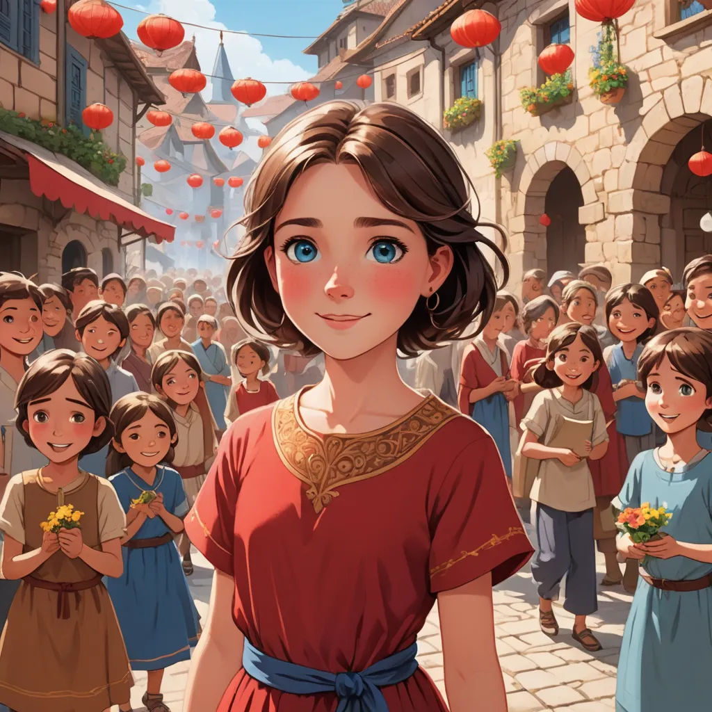 a cartoon of a girl in a red dress surrounded by children in a street with lanterns overhead and a crowd of people in the background, renaissance, a storybook illustration, Alice Prin, kinkade