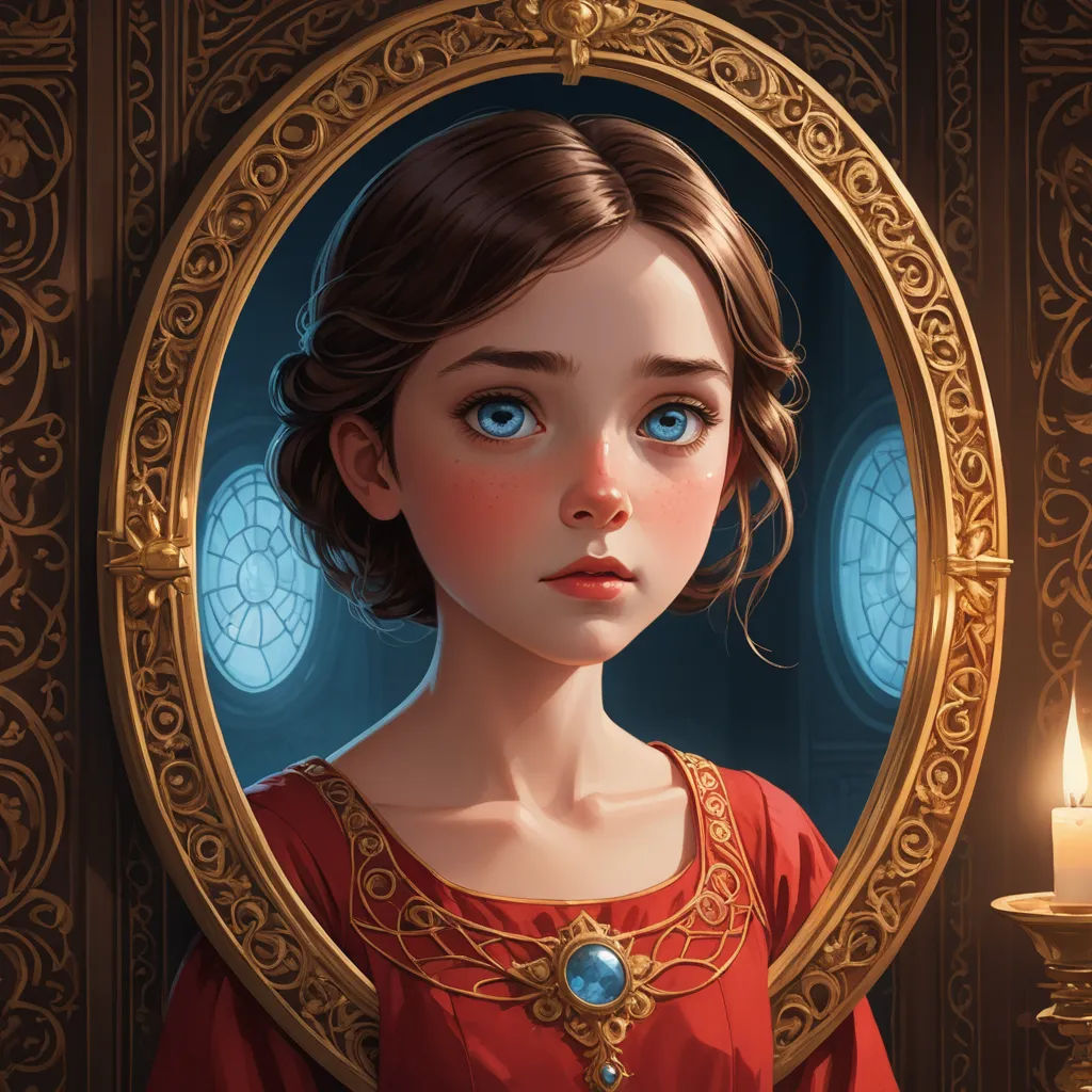 a painting of a girl in a red dress with a candle in front of her and a picture of a window behind her, fantasy art, a detailed painting, Charlie Bowater, trending on art station