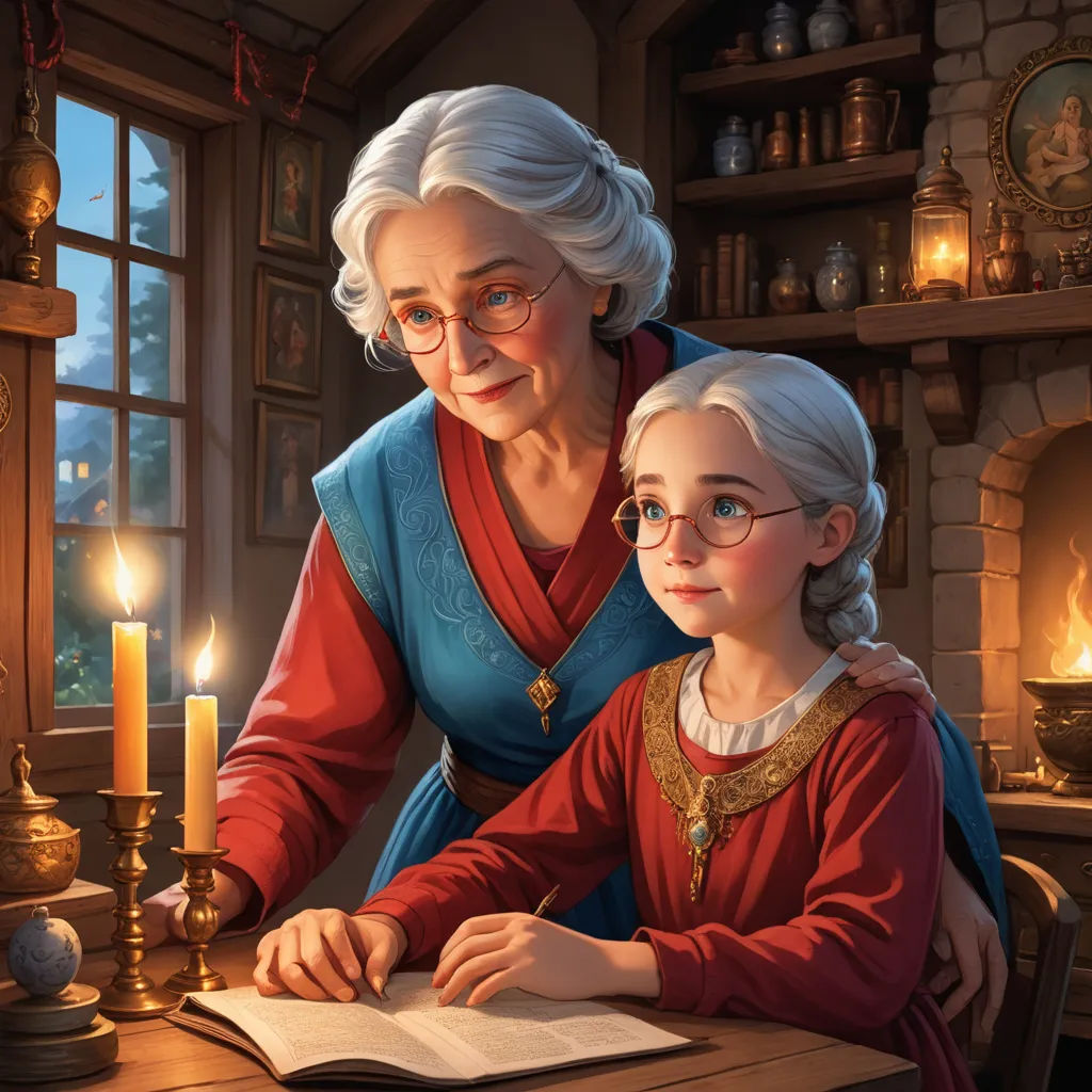 a woman and a child are sitting at a table with a book and a candle in front of them, fantasy art, a storybook illustration, Anne Said, storybook illustration