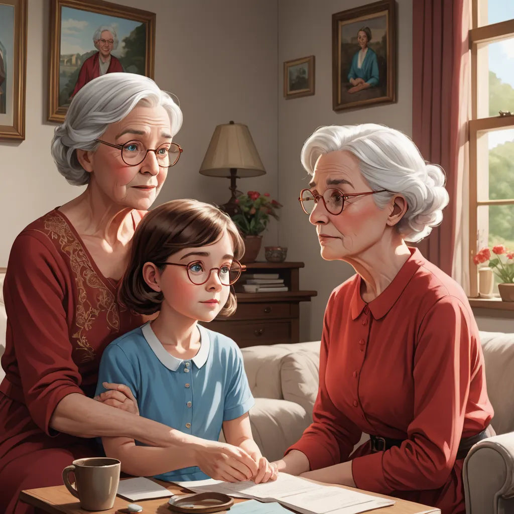 a painting of a woman and a child sitting at a table with a woman looking at a book and a child sitting on the table, american scene painting, a storybook illustration, Charles Schulz, storybook illustration