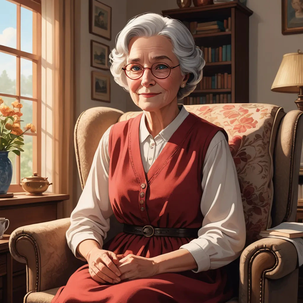 a painting of a woman sitting in a chair in front of a window with a vase of flowers on the table, sots art, a character portrait, Anne Said, game art