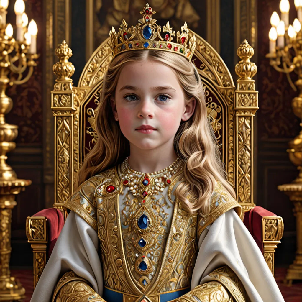 a little girl dressed in a golden outfit sitting on a throne with a crown on her head and a red sash around her neck, photorealism, a photorealistic painting, Beatrice Huntington, highly detailed oil painting
