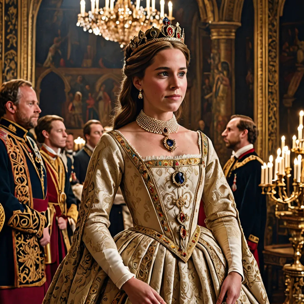 a woman in a gown and crown standing in a room with other people in costume and chandeliers, renaissance, a flemish Baroque, Anna Maria Barbara Abesch, promotional image