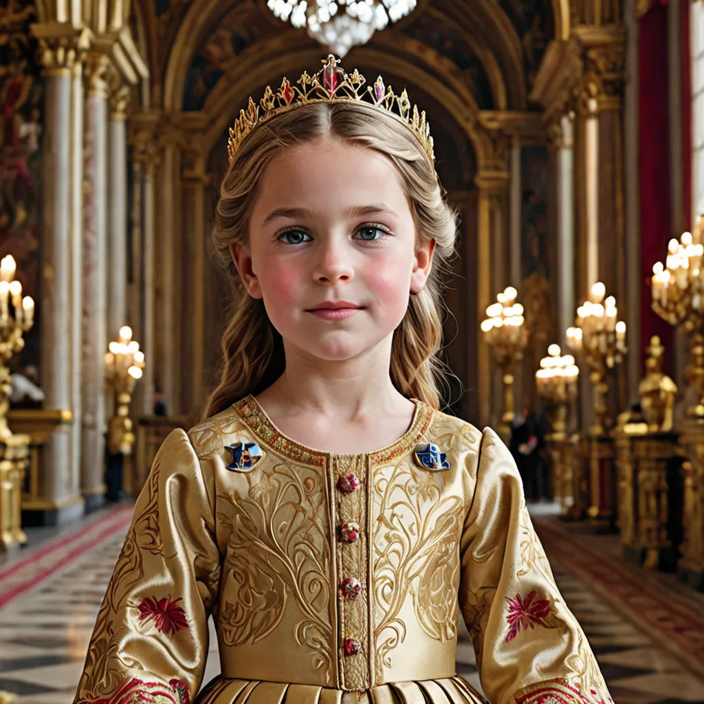 a little girl in a gold dress and a tiara in a palace hall with chandeliers and chandeliers, gothic art, a flemish Baroque, Caroline Lucy Scott, promotional image