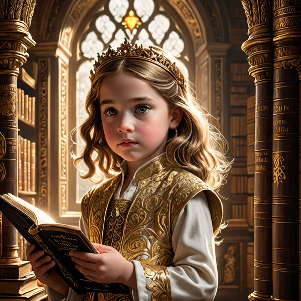a little girl dressed in a golden outfit reading a book in a church with a stained glass window behind her, fantasy art, a storybook illustration, Charlie Bowater, highly detailed digital painting