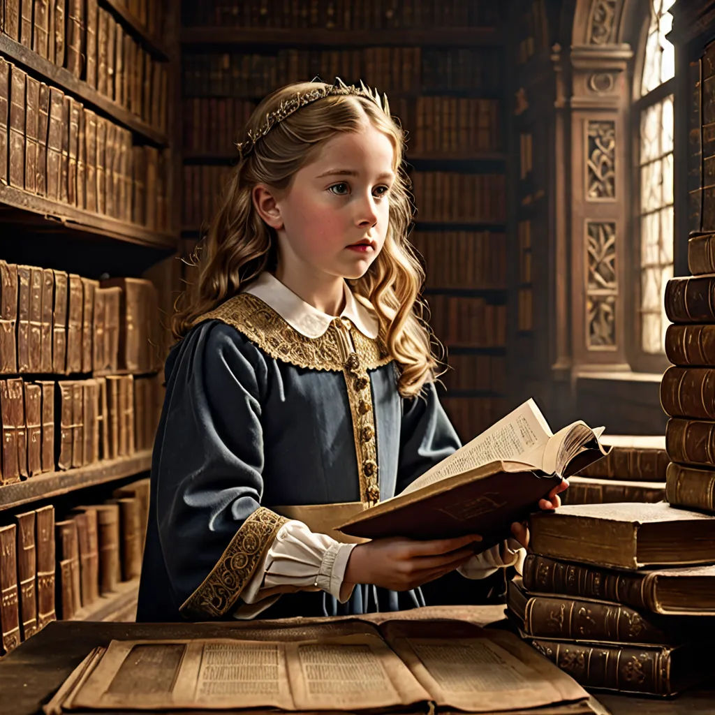 a little girl sitting at a table with a book in her hand and a stack of books behind her, pre-raphaelitism, a storybook illustration, Elinor Proby Adams, pre - raphaelite