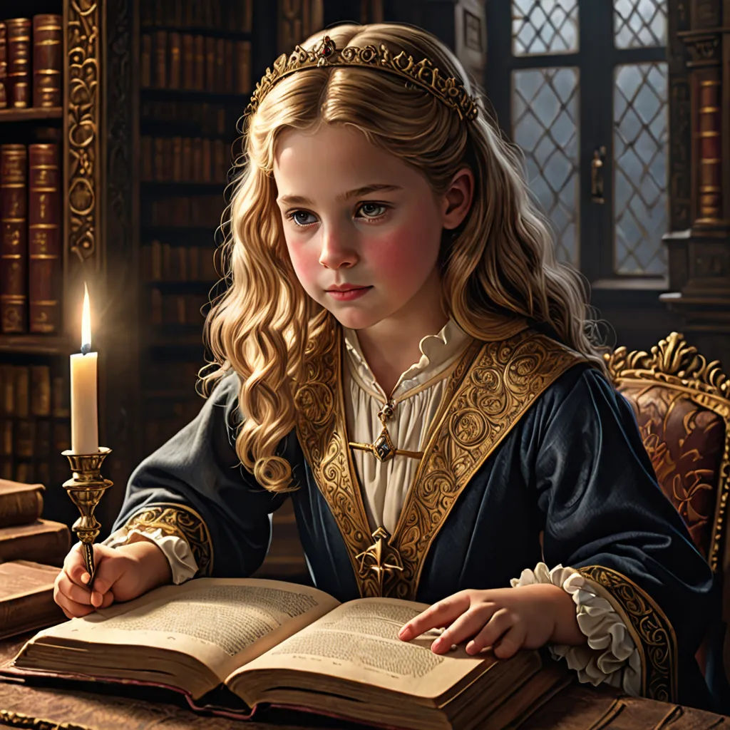 a little girl sitting at a table with a book and a candle in her hand and a book in her lap, fantasy art, a storybook illustration, Charlie Bowater, storybook illustration