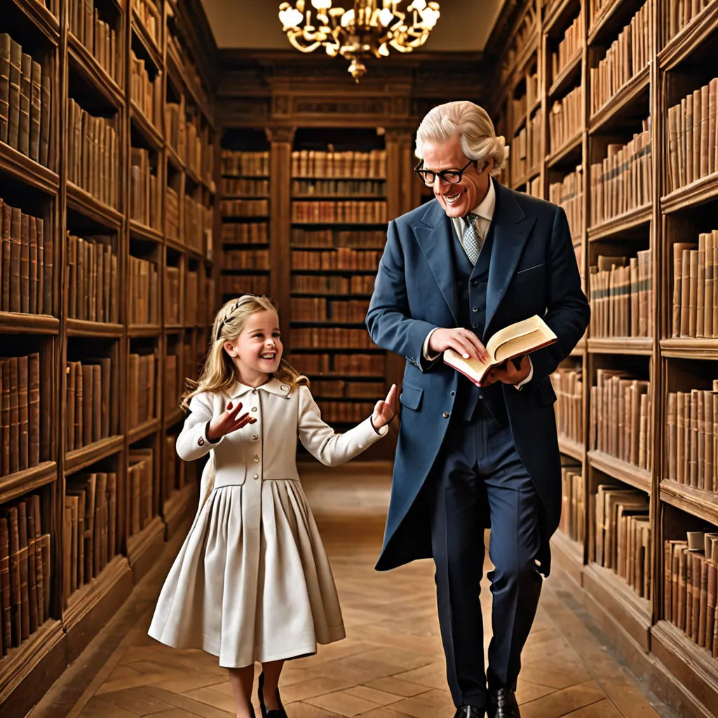 a man and a little girl are walking through a library together holding hands and smiling at each other while holding hands, heidelberg school, a storybook illustration, Eric de Kolb, storybook illustration