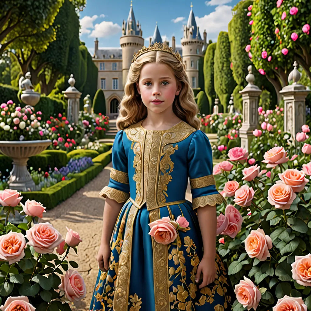 a little girl in a blue dress standing in a garden with roses and a castle in the background with a fountain, photorealism, a detailed matte painting, Barron Storey, promotional image