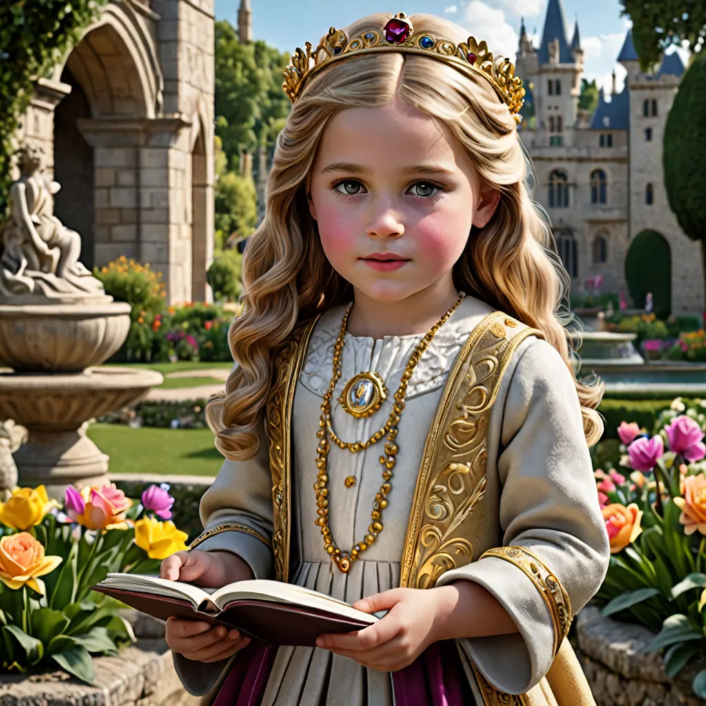 a little girl dressed in a princess costume holding a book in front of a castle like setting with flowers and a fountain, gothic art, a detailed matte painting, Anne Said, promotional image