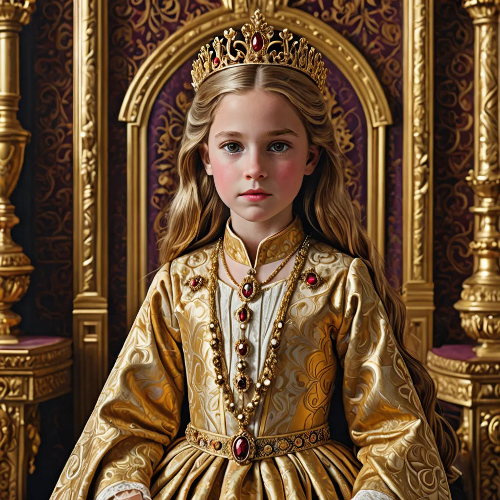 a painting of a little girl in a golden dress and tiara sitting on a throne with a gold crown, photorealism, a photorealistic painting, Elizabeth Forbes, highly detailed oil painting