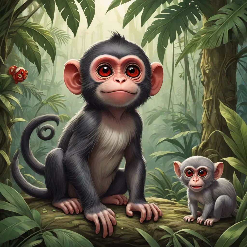 a monkey and a baby monkey in a jungle with a ladybird on its back, and a ladybird on its back, a digital painting, Brom, fantasy art, highly detailed digital painting