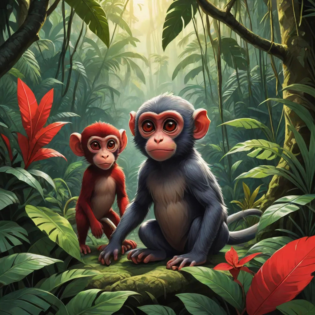 a couple of monkeys sitting on top of a lush green forest filled with leaves and plants, with a bright light shining on the background, a digital painting, Chris LaBrooy, sumatraism, highly detailed digital painting