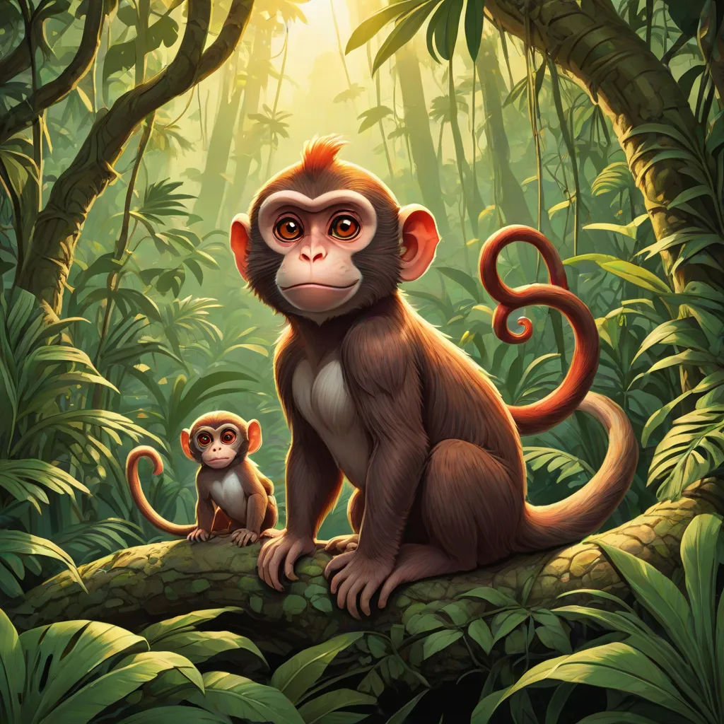 a monkey and a baby monkey sitting in the jungle together, with the sun shining through the trees behind them, poster art, Chris LaBrooy, sumatraism, official art