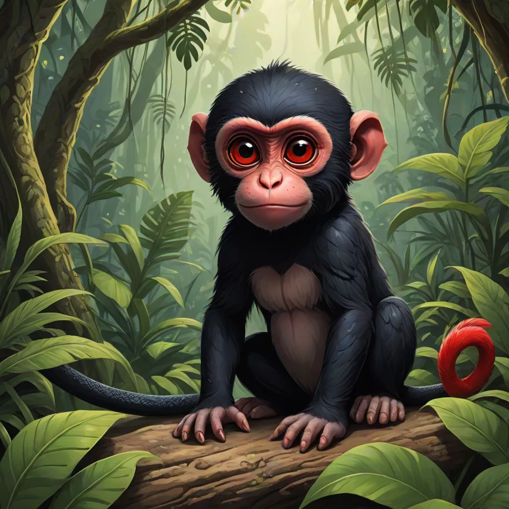 a monkey sitting on a log in a jungle with red eyes and a red tail, with a red ring around its neck, a digital painting, Art of Brom, fantasy art, highly detailed digital painting