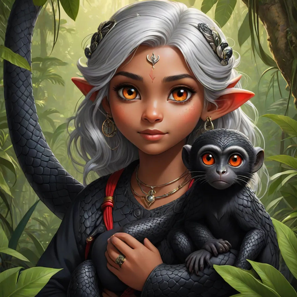 a woman holding a baby monkey in a forest with a snake on her shoulder and a snake on her shoulder, a character portrait, Art of Brom, fantasy art, epic fantasy character art