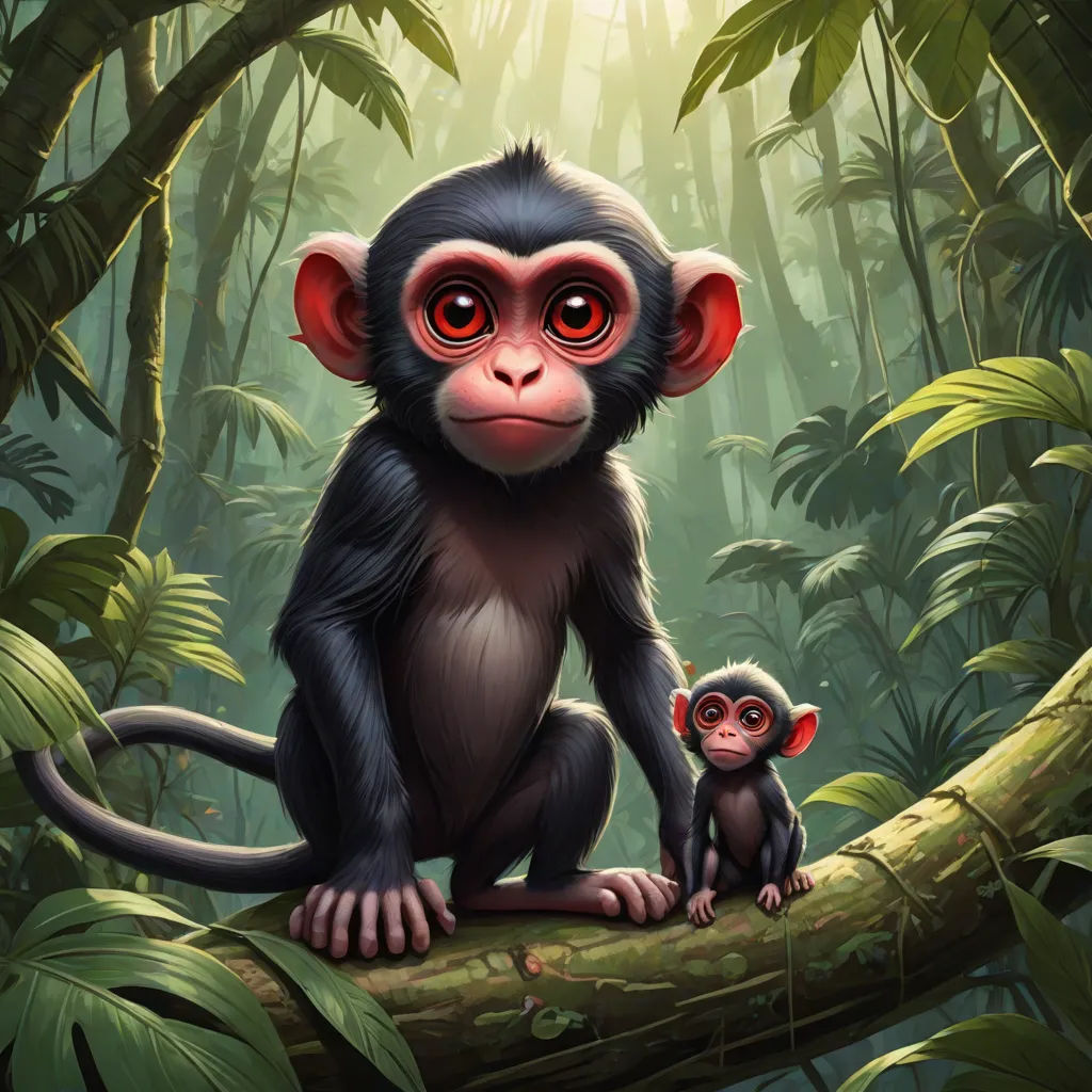 a monkey and a baby monkey sitting on a tree branch in a jungle with sunlight streaming through the trees, a digital painting, Eddie Mendoza, fantasy art, highly detailed digital painting