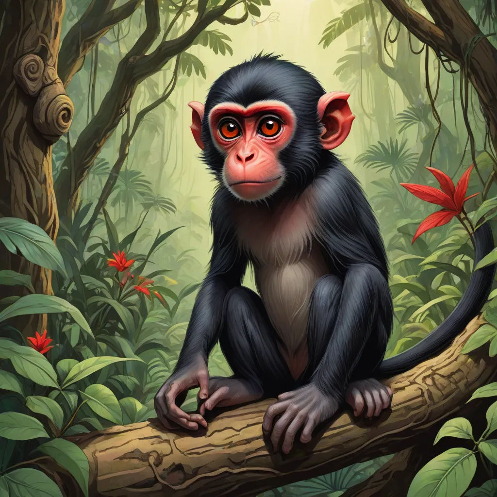 a monkey sitting on a tree branch in a jungle with red flowers and leaves around it's eyes, a digital painting, Art of Brom, fantasy art, highly detailed digital painting